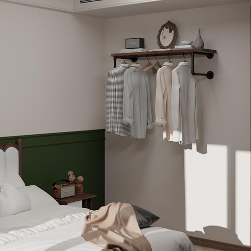 Clothes Rack 36in, Wall Mounted Garment Racks with Real Walnut Wood Shelves, Heavy Duty Hanging Clothes Rack, Multi-Purpose Hanging Rod, Space-Saving Closet Storage - Image 5
