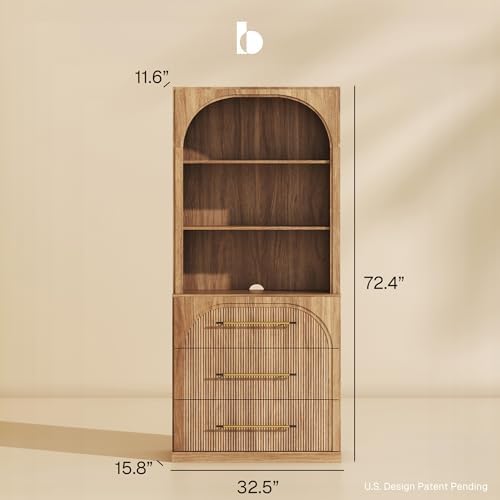 BELLEZE Display Storage Cabinet with Hutch, 72" Tall Wood Modern Bookshelf with 3 Drawers, Cabinet for Office, Study, Kitchen, Dining Living Room, Camel - Image 2