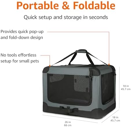 Amazon Basics Portable Folding Soft Dog Crate, 4-Doors, Collapsible Travel Kennel for Cat, Dog, and Small Animals, Quick Setup, Small 26" x 18" x 18", Grey - Image 4