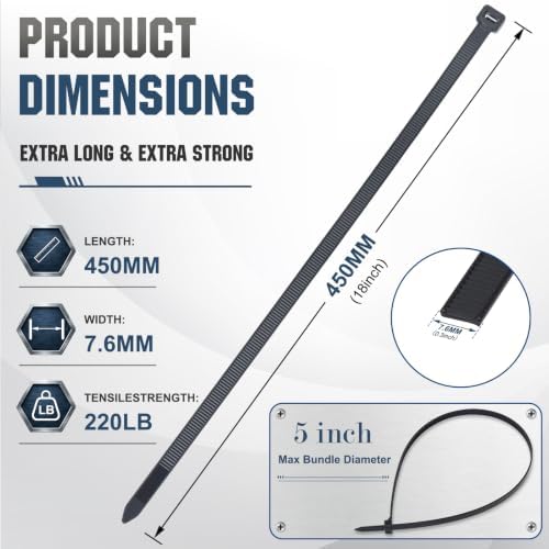 Large Zip Ties 18 inch,60 Pack Long Zip Ties Heavy Duty Big Black Cable Ties with 220 lbs Tensile Strength. - Image 2