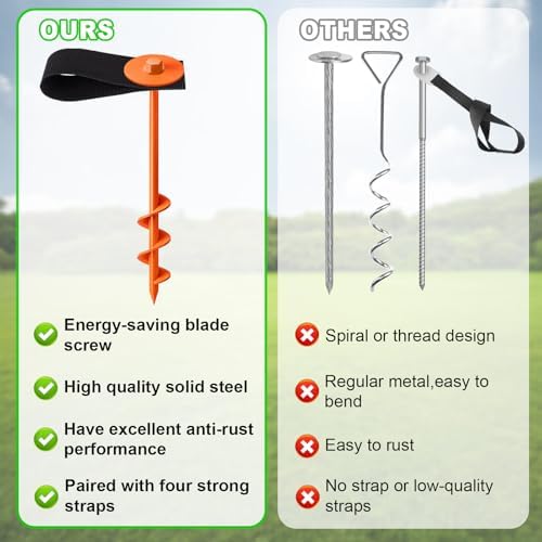 Eurmax USA 4 Pack Universal Ground Anchors High Wind, Heavy Duty Screw-in Trampoline Stakes with 4 Straps, Upgraded Commercial Anchor Kit for Outdoor Sheds, Swing Sets & Mobile Homes (Orange) - Image 5