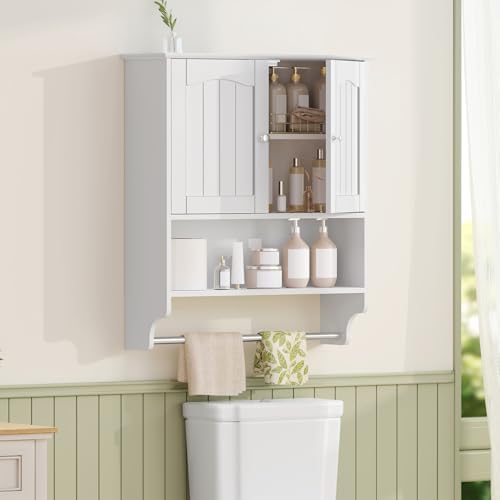 Iwell Bathroom Wall Cabinet, Over The Toilet Storage Cabinet with Towel Rack & Adjustable Shelf, Medicine Cabinet for Bathroom, White - Image 4