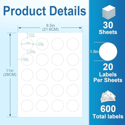 Circle Labels, 1.5" Round Labels, Round Sticker Labels for Laser&Inkjet Printers, 30 Sheets, 600 Total Adhesive Labels for DIY Craft, School Supplies, Pony Packaging (20 per Sheet) HB-C020 - Image 2