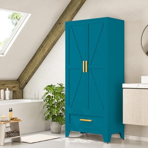 Baborokic Metal Wardrobe Cabinet,71 Armoire Wardrobe Closet with Drawers and Hanging Rod,Metal Armoire with Adjustable Shelves for Closet,Bedroom,Farmhouse Storage Cabinet with Drawer(Blue) - Image 2
