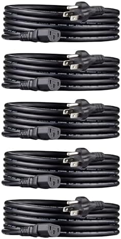 Amazon Basics PC Power Cord, 10 feet, Compatible with Monitor, Computer, TV, 3 Prong, 18 AWG, 125 Volts, Black, 5-Pack by AmazonBasics