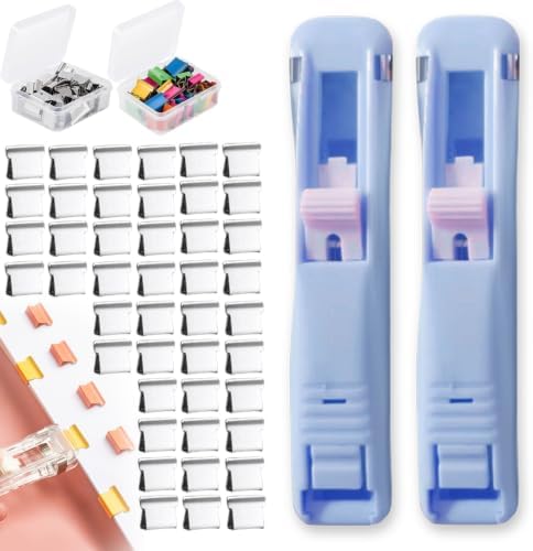 2PCS Portable Binder Clip Stapler with 100 Metal Refill Clips, Reusable Staple-Free Paper Binding System, Holds up to 40 Sheets, Office School Document Organizer Tool，Blue*2 by LSMARZJZ