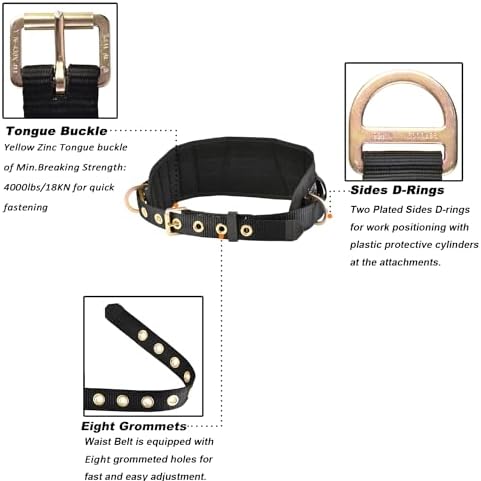Tongue Buckle Body Belt With Waist Pad and 2 Side D-Rings Personal Protective Equipment Safety Harness | Waist Fitting Size 33'' to 47'' for Work Positioning, Restraint - Image 3