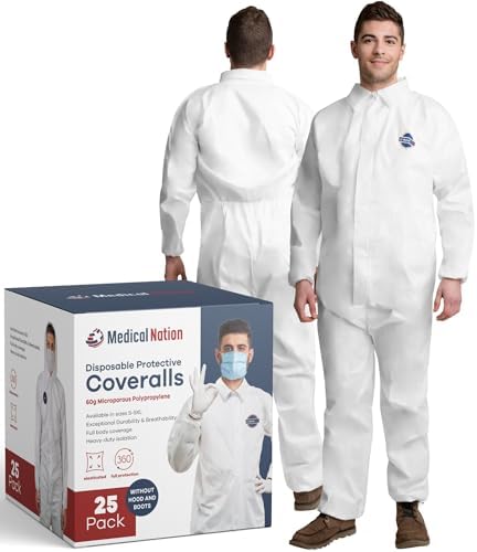 Medical Nation Hazmat Suits Disposable | 25 Pack, 2X-Large | Non-Hooded Protective Coveralls - Heavy Duty Full Body Painters Suit for Men & Women Without Hood - Breathable & Water Resistant - 2XL by MEDICALNATION