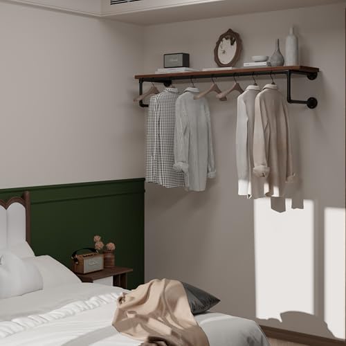 Clothes Rack 48in, Wall Mounted Garment Racks with Real Wood Shelf, Heavy Duty Hanging Clothes Rack, Multi-Purpose Hanging Rod, Space-Saving Closet Storage - Image 3
