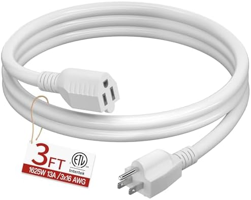 Skrizcable 16/3 Short Extension Cord 3 FT, White Extension Cord Indoor by Skrizcable