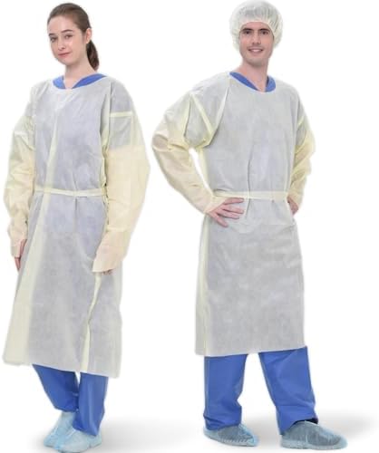 Medtecs Disposable Isolation Gowns - AAMI Level 2 SMMS 25 GSM - 10/100 PC - Thumb-Up, Fluid Resistant Durable Comfortable PPE - CoverU Series, Unisex Adult | Yellow, 100 PC by MedtecsGroup