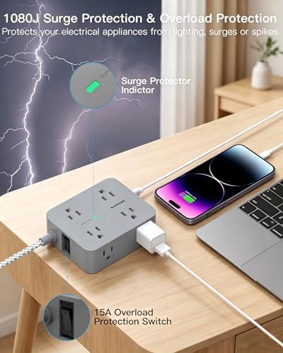 HANYCONY 6Ft Surge Protector Power Strip USB C, 1080J, 8 Outlet Extender - Image 3