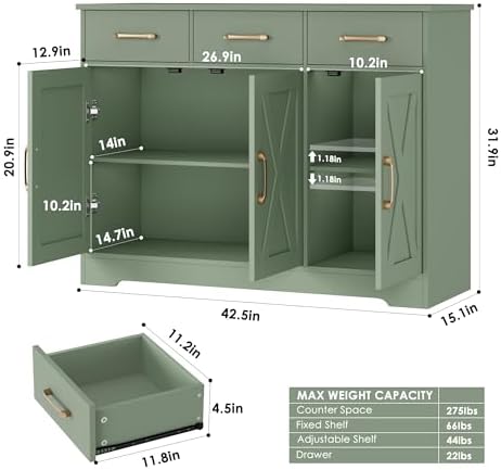 HOSTACK Kitchen Buffet Cabinet with Storage, Sideboard Coffee Bar, Green - Image 3