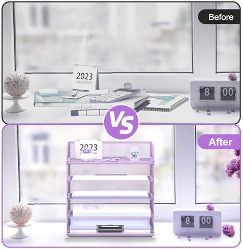 Supeasy 5 Trays Paper Organizer Letter Tray with Handle-Mesh Desk File Holders, Paper Sorter Desk Organizer for Office, Home, Classeoom or School, Purple - Image 6