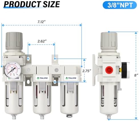 TAILONZ PNEUMATIC 0-150PSI 3/8 Inch NPT Grade 3 Stage Air Drying System, Particulate Filter, 5/0.01 Micron Filter Air Filter Pressure Regulator (Manual Drainage） - Image 2