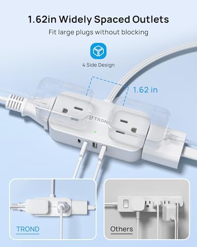 TROND Flat Plug Power Strip, Small Extension Cord 10ft, 4 AC & 4 USB, White - Image 5