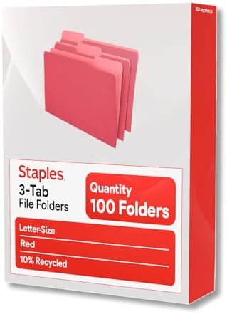 Staples File Folders, Letter Size, 1/3-Cut Tabs, Red, 100/Pack - Image 7