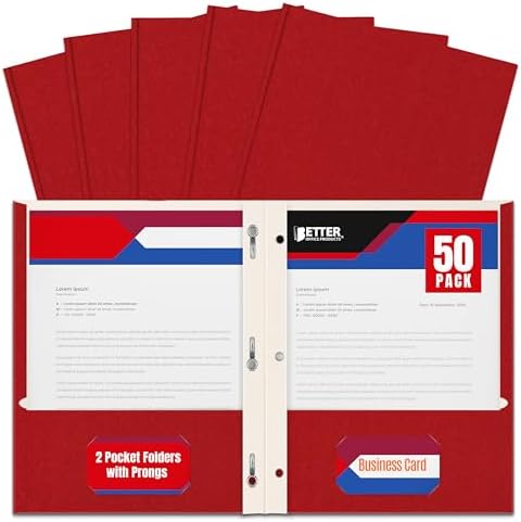 Better Office Products Plastic Folders, 50 Pack Red Paper Folders with Pockets & Folders with Prongs, Matte Texture, Letter Size, 3 Metal Prong Fastener Clips, Durable for Office, School, Filing by BetterOfficeProducts