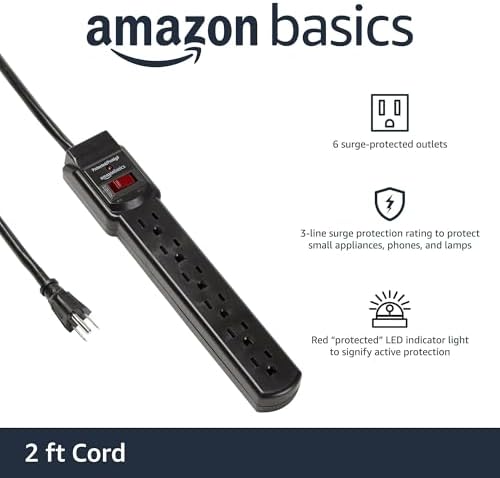 Amazon Basics 6-Outlet Surge Protector Power Strip with 200J Protection, Circuit Breaker, 2ft Extension Cord, Black, 20-Pack - Image 2
