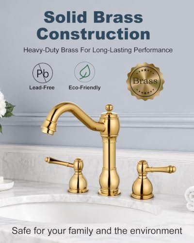 Aolemi Widespread Bathroom Sink Faucet 3 Hole Metal Lever Polish Gold - Image 5