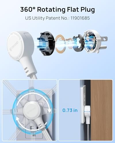 TROND 360° Rotating Flat Plug Short Extension Cord 1.5ft, 13A/1625W, White - Image 2