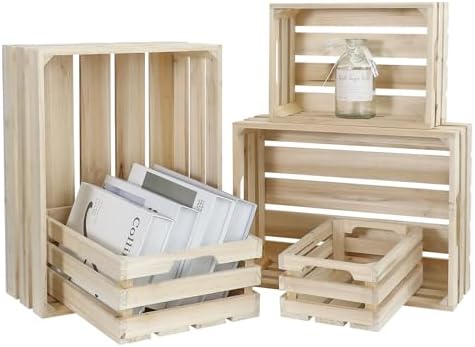 5-Piece Rustic Wooden Crates Unfinished Set, Wall Mountable Slatted Storage Crates with Handles, Farmhouse Wooden Crates for Display & Organizer for Home Decor - Image 7