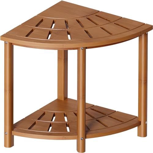 Bamboo Shower Bench with Storage Shelf Waterproof Corner Shower Stool for Shaving Legs Compact Size (15 * 13in) by Unknown