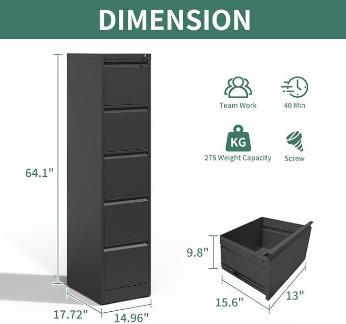 5 Drawer File Cabinet, Metal Vertical Filing Cabinets - Image 3
