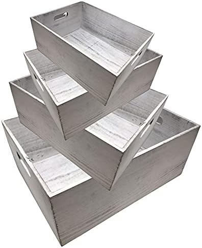 Oojami 4 Pack Nesting Wooden Crates for Display, Whitewashed with Handles - Image 5