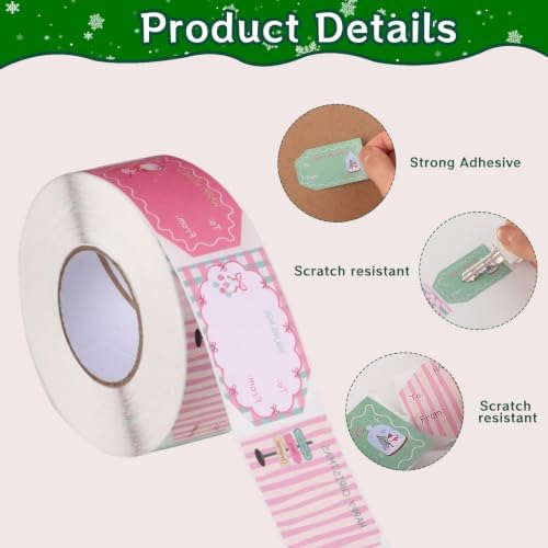 600 PCS Christmas Gift Tag Stickers 1.18" x 2" Pink Green Holiday Labels - Image 3