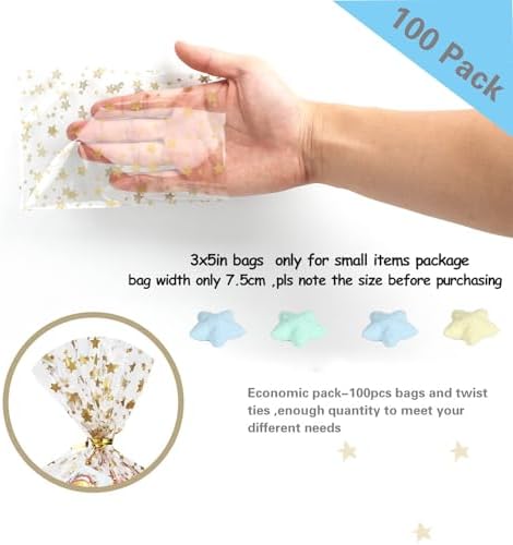 100 Pcs Star Printed 3"X 5"（7.5X12.7cm) Gift Wrap Cello Cellophane Treat Bags Party Favor bags Clear Candy Cookie Bags Plastic Poly Goodie Storage Bags with Twist Ties for Bakery,Birthday, Wedding ,Party Decorations (Gold) - Image 6
