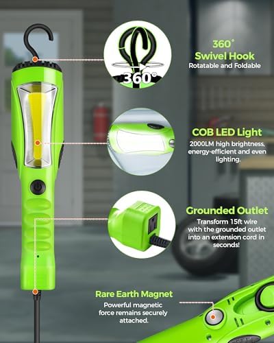 18W LED Work Light, 15FT 2000LM COB LED Light, Handheld Underhood Trouble Light with Cord 16 Gauge SJTW, Swivel Hook, for Garage, Workshop, Car Repair Scene, ETL Listed, Green J03WL06 - Image 5