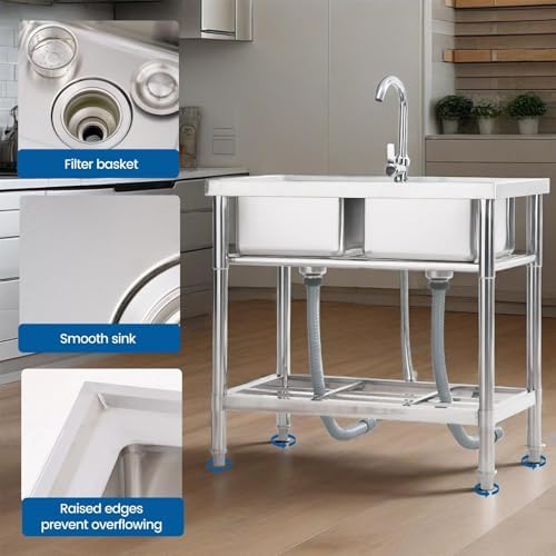 Garvee Stainless Steel Utility Sink with Faucet, Commercial Freestanding Double Bowl Sink with Hot & Cold Water Pipes, Storage Shelf for Restaurant, Kitchen, Garage, Laundry, Outdoor (33in) - Image 3