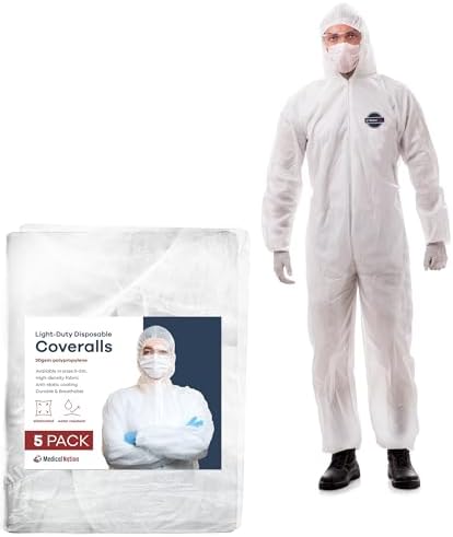Medical Nation Hazmat Suits Disposable | 5 Pack | Light Duty Disposable Coveralls Men | with Attached Hood - Overall Protective Chemical Suit for Men & Women, Disposable Paint Suit - Size Large by MEDICALNATION