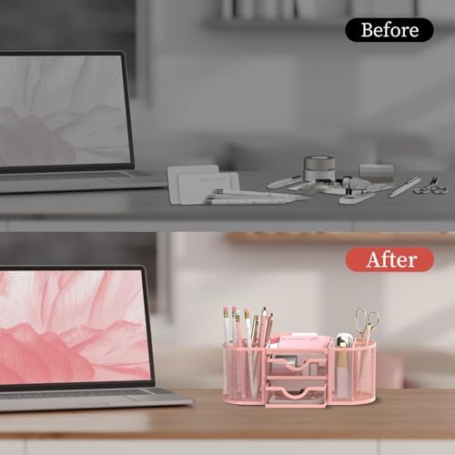 SUPEASY Mesh Desk Organizer, Pen Holder for Desk with 2 Drawers, Pink - Image 7