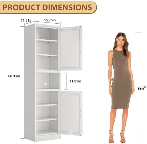Tall Metal Narrow Bathroom Storage Cabinet 67" H, Tall White Pantry Cabinets with 4 Adjustable Shelves and 2 Doors for Kitchen, Home Office, Living Room, Dining Room(16 inches Wide) - Image 2