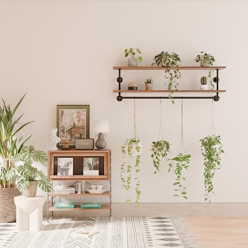 Clothes Rack 60in, Wall Mounted Garment Rack with Real Walnut Wood Shelf, Heavy Duty Hanging Clothes Rack, Multi-Purpose Hanging Rod, Space-Saving Closet Storage (Walnut, 2T60IN) - Image 5