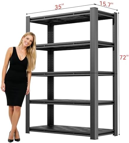 5-Tier Heavy Duty Garage Shelving, 5,000 lbs Capacity Adjustable Plastic Storage Shelving Unit for Garage, Basement & Warehouse, Boltless Steel Frame,35" W x 15.7" D x 72" H - Image 3