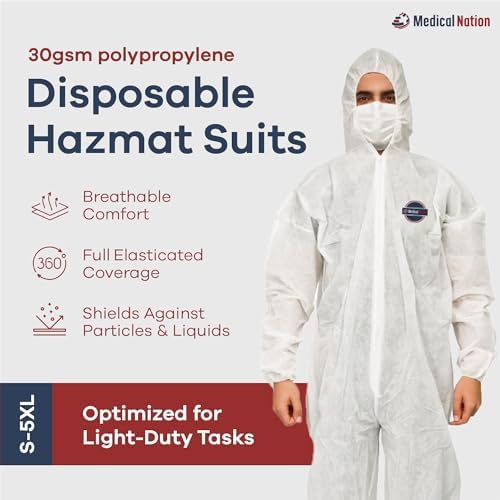 Medical Nation Hazmat Suits Disposable | 5 Pack | Light Duty Disposable Coveralls Men | with Attached Hood - Overall Protective Chemical Suit for Men & Women, Disposable Paint Suit - Size 3X-Large - Image 2