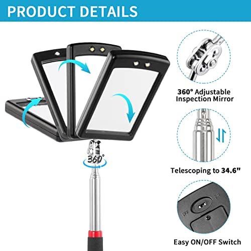 3 Pack Telescoping Inspection Mirrors LED Light & Magnet Flashlight Pickup Tool Set, Large 3.75" Round, 3.3" Square Mirror, for Inspection Viewing, Mechanic Checking, Observation - Image 4