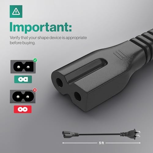 2 Prong Polarized 5Ft Power Cord C7 Connector AC Power Cable Replacement for Vizio D-E-M Series TV, Sewing Machine, PlayStation PS1/PS2, Sony, Bose, Brother, Singer - Image 2