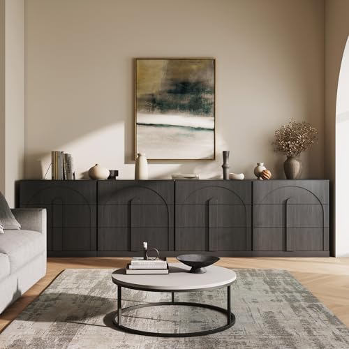 BELLEZE Sideboard Cabinet with 3 Drawers, Set of 4 Modern Wood Buffet Cabinet with Arc Design, Large Fluted Sideboard with Storage for Kitchen Living Room Entryway, Ebony by BELLEZE
