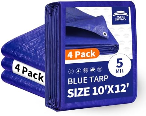 RAINDEWAY Tarps 10x12 Feet (4 Pack) 5 Mil Blue Waterproof Multipurpose Tarp by RAINDEWAY