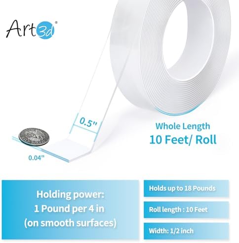 Art3d Traceless Double-Sided Foam Tape, 1/24" x 1/2" x 10', 1 Roll, Crystal - Image 2
