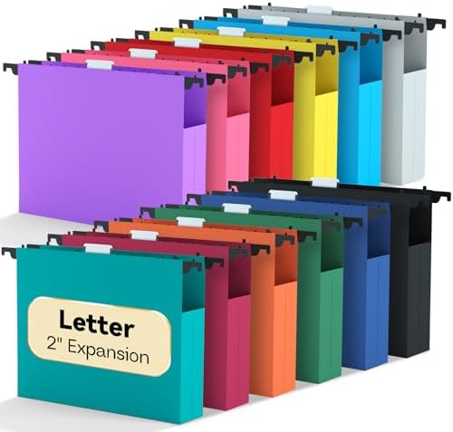 Extra Capacity Hanging File Folders Letter Size,12 Pack Plastic Heavy Duty Hang Folder for File Box Frame,2" Expandable File Cabinet Folders with Tabs,Colored Office Hanging File Organizer by NORDUN