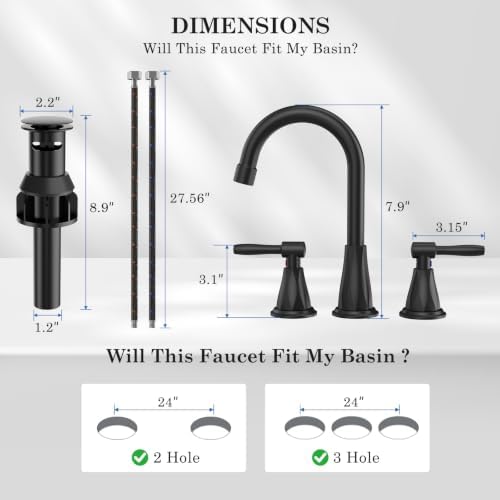 Bathroom Faucets with Filter, Widespread Black Bathroom Sink Faucet for 3 Holes with Pop-up Drain Assembly, Two Handle Vanity Faucet (Contemporary) - Image 6