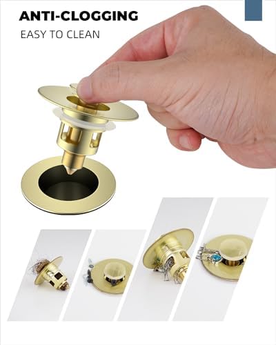 Hibbent All Metal Universal Bathroom Sink Stopper for 1.1''~2.3'' Basin, Pop Up Sink Drain Strainer, Brass Bullet Core Push Type Stopper, Stainless Steel Anti Clogging Drain Filter, Brushed Gold - Image 2