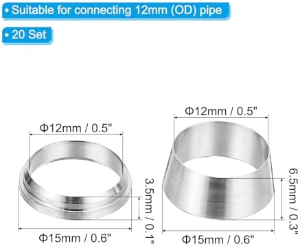 PATIKIL 12mm Tube OD 304 Stainless Steel Compression Tube Fitting Sleeve, 20 Pack Double Ferrule Ring Tubing Fitting Assortment Kit, Silver - Image 2