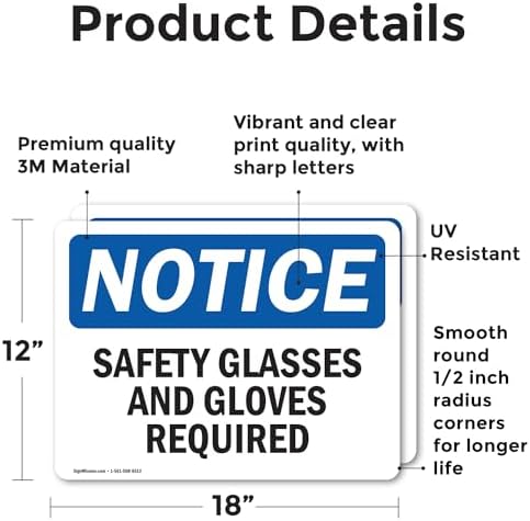 (2 Pack) Safety Glasses And Gloves Required OSHA Notice Sign 18 Inch X 12 Inch Vinyl Label Decal Sticker Weather Resistant, UV Protected for Workplace, Business, and Construction Site, Made in the USA - Image 2