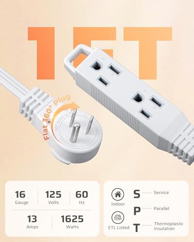 DEWENWILS 1FT 360° Rotating Flat Plug Extension Cord/Wire, 16/3, 2 Pack - Image 3